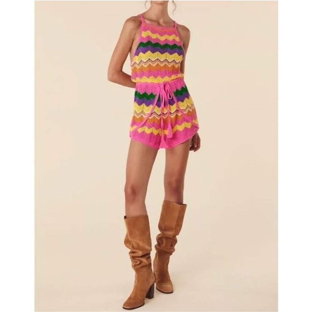 SPELL Ziggy Crochet Romper Boho Beach Festival Colorful 70s Chevron Coachella S